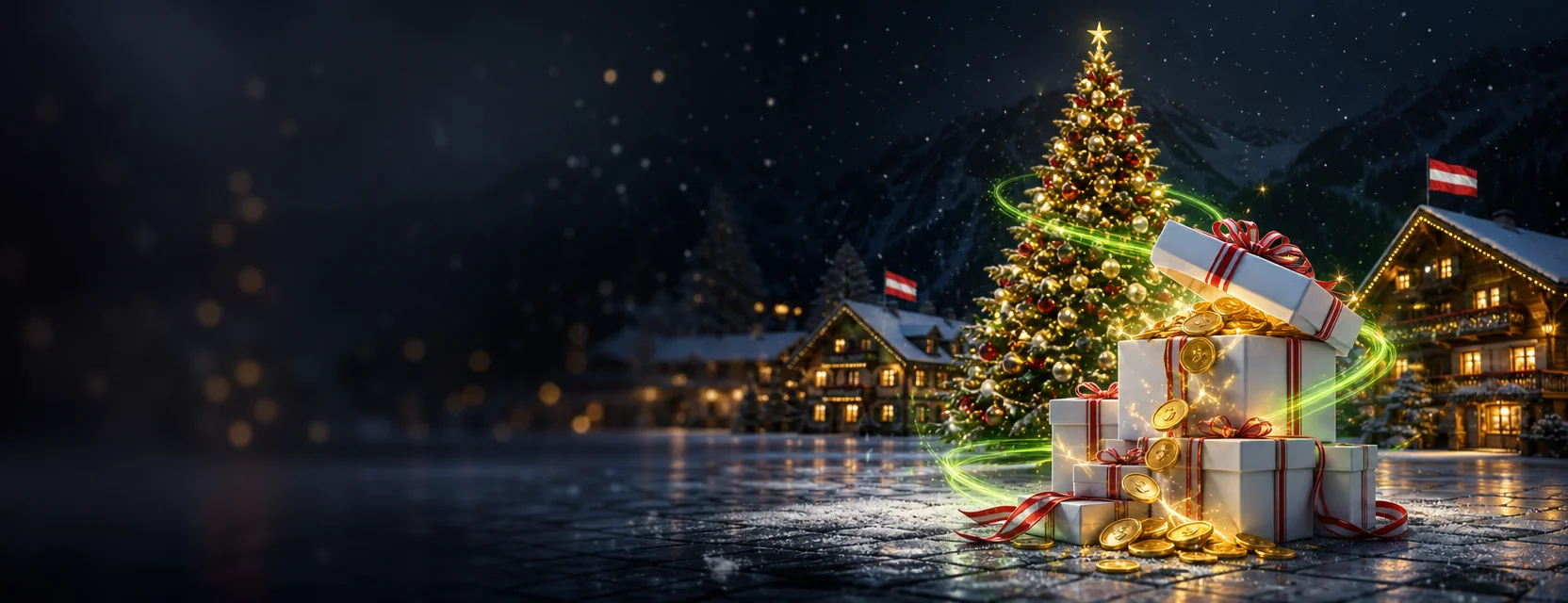 Verschneiter Alpendorfplatz bei Nacht mit geschmücktem Christbaum, Holzhütten und Geschenken mit rot-weißen Bändern