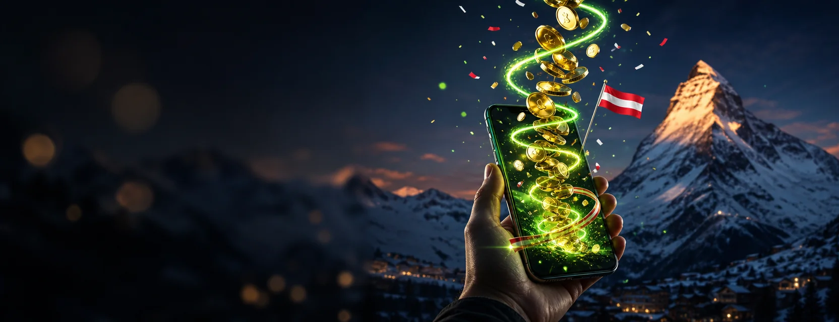 Hand mit Handy vor einem verschneiten Alpengipfel im Abendrot, aus dem Bildschirm steigt ein Band aus Goldmünzen