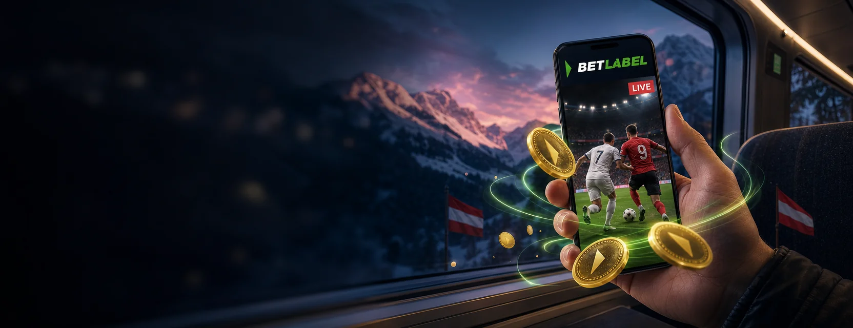 Hand mit Handy und BetLabel App im Zug: ein Fußballspiel live mit dem roten Zeichen LIVE, durch das Fenster verschneite Berggipfel in der Abenddämmerung