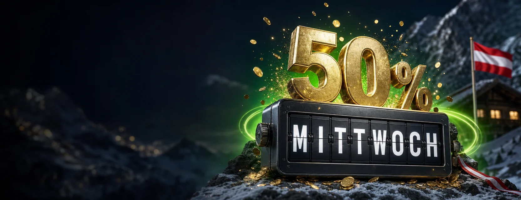 Fallblattanzeige mit dem Wort MITTWOCH, darüber ein großes goldenes 50% mit Münzen