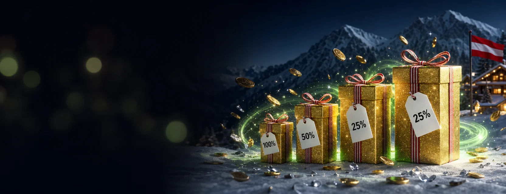 Vier goldene Geschenkboxen in steigender Größe mit rot-weißen Bändern und den Anhängern 100%, 50%, 25% und 25%