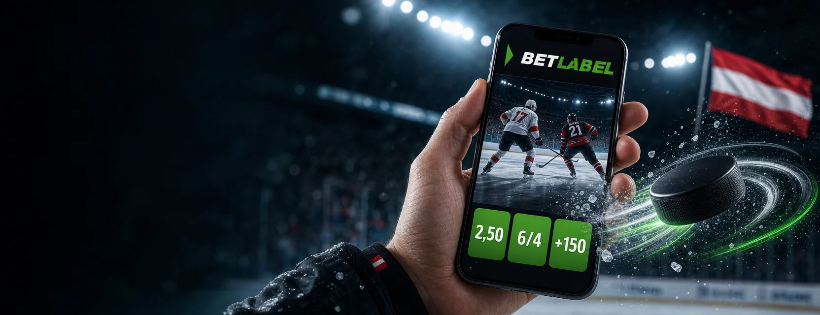Hand mit Handy und BetLabel App: ein Eishockeyspiel live und dieselbe Quote in drei Schreibweisen: 2,50, 6/4 und +150