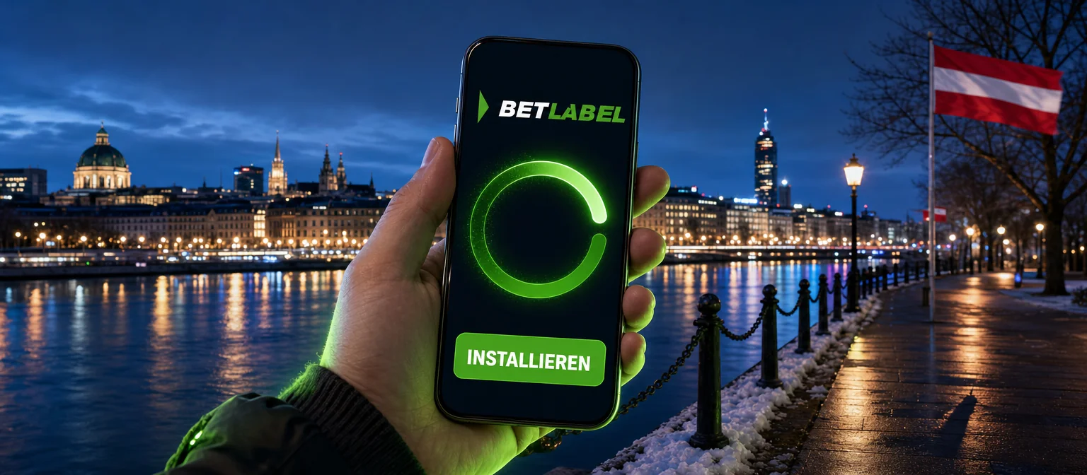 Handy am Donauufer in Wien zur blauen Stunde: BetLabel-Logo, fast voller grüner Installationsring und die Taste INSTALLIEREN