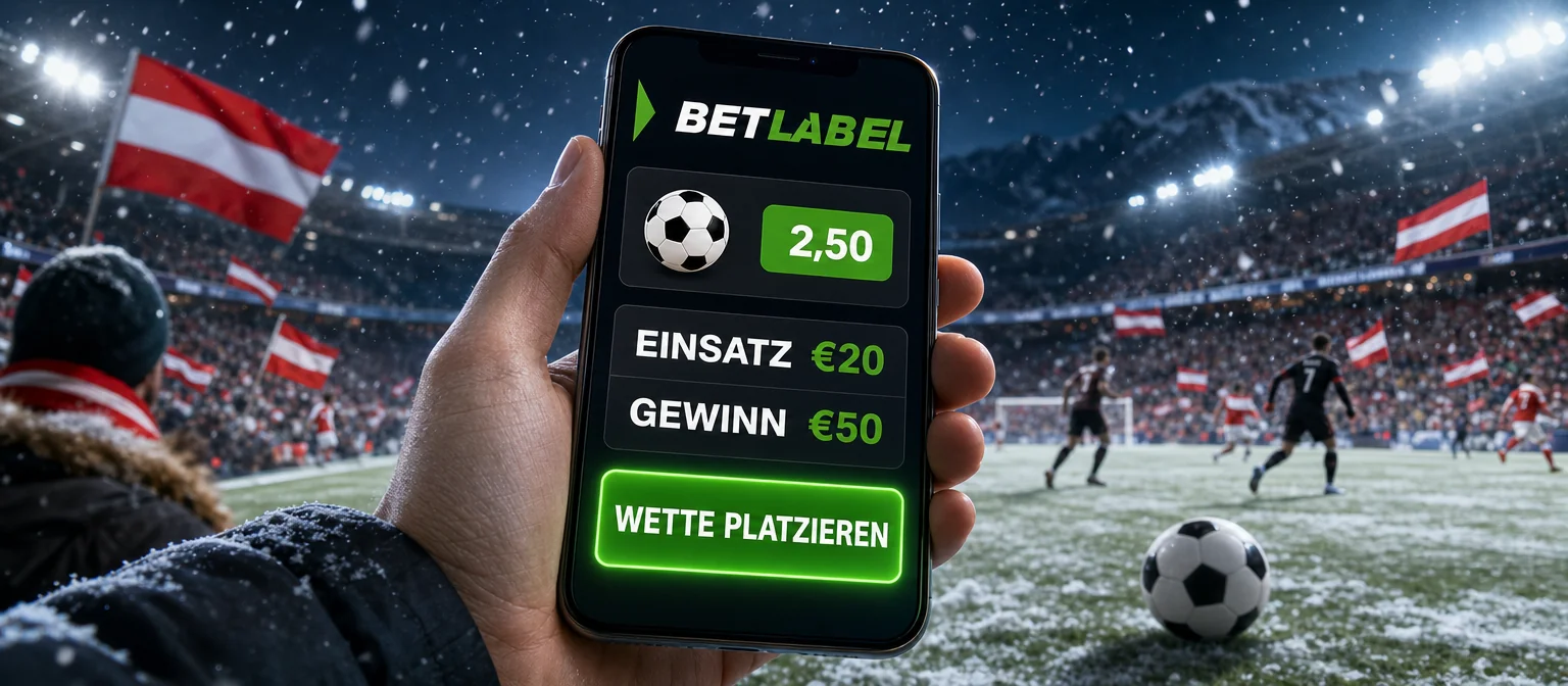 Hand mit Handy und BetLabel-Wettschein: Quote 2,50, Einsatz €20, Gewinn €50 und die Taste WETTE PLATZIEREN, dahinter ein Fußballspiel bei Flutlicht