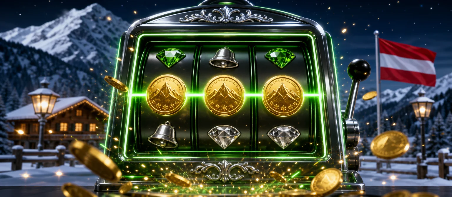 Nahaufnahme von drei Walzen eines Spielautomaten mit Goldmünz-Symbolen auf der leuchtenden Gewinnlinie