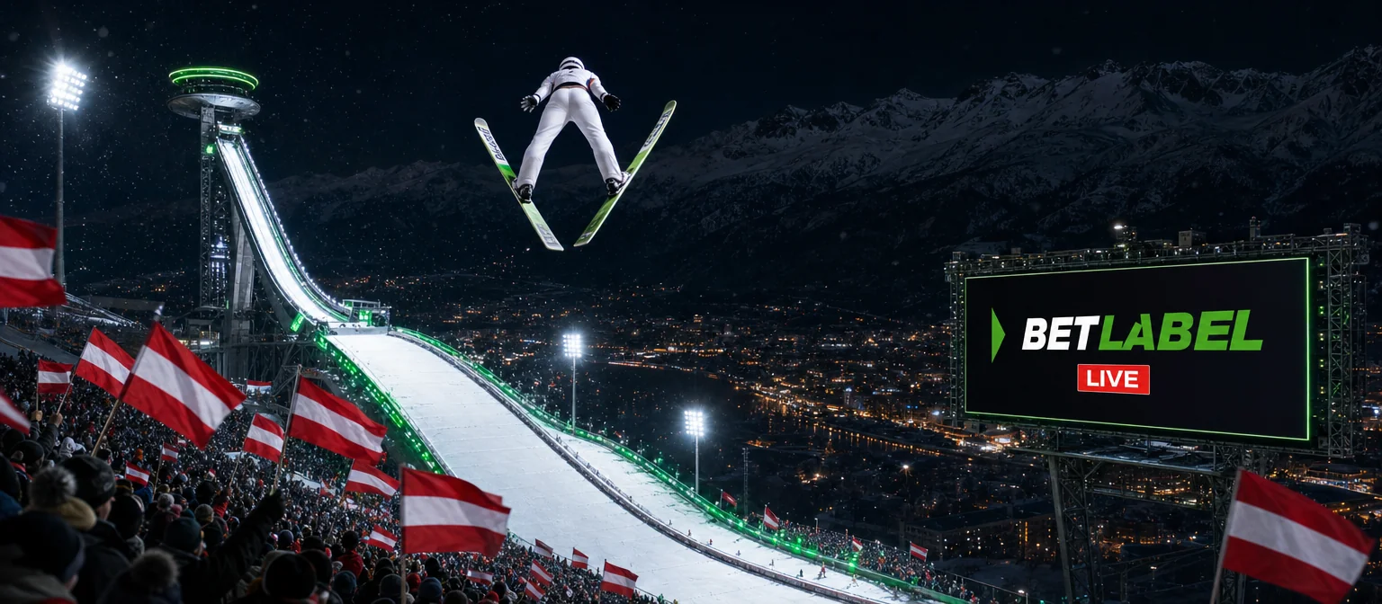 Skispringer im Flug über einer beleuchteten Sprungschanze bei Nacht, auf der Videowand das BetLabel-Logo und das rote Zeichen LIVE